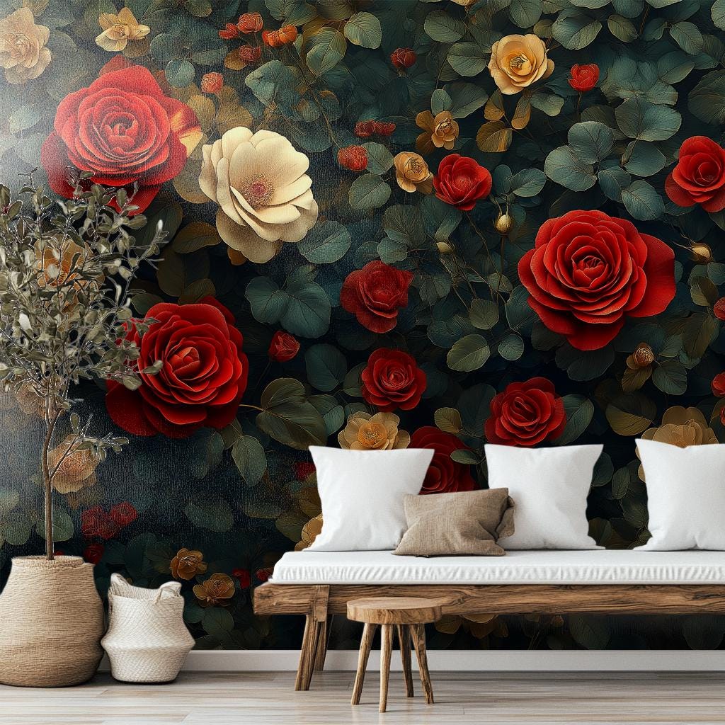 Vintage Rose Dark Romantic Floral Wallpaper wallpaper mural, room mockup, Golden Era Walls