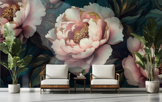 Vintage Peony Flower Classic Floral Wallpaper – detail view, Golden Era Walls