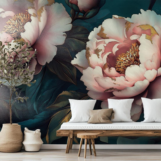 Vintage Peony Flower Classic Floral Wallpaper – room setting, Golden Era Walls