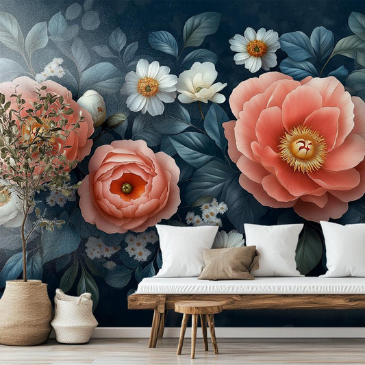 Vintage Peony Floral Dark Floral Wallpaper – room setting, Golden Era Walls