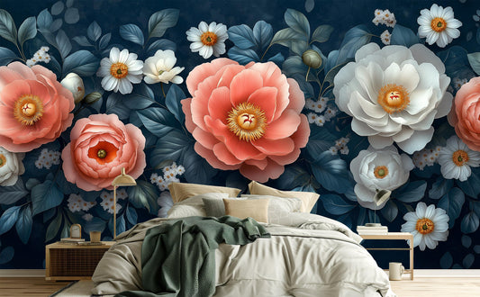 Vintage Peony Floral Dark Floral Wallpaper – peel and stick wallpaper mural, Golden Era Walls
