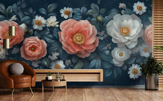 Vintage Peony Floral Dark Floral Wallpaper – detail view, Golden Era Walls