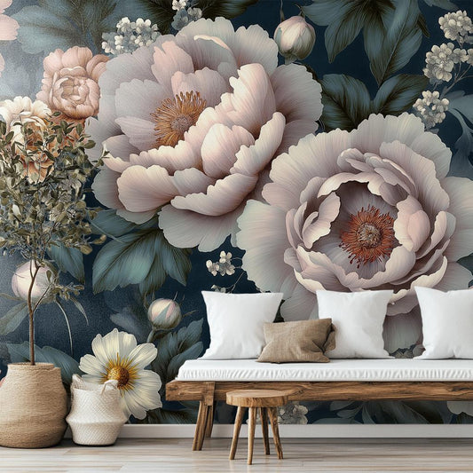 Vintage Peony Floral or Floral Wallpaper – room setting, Golden Era Walls
