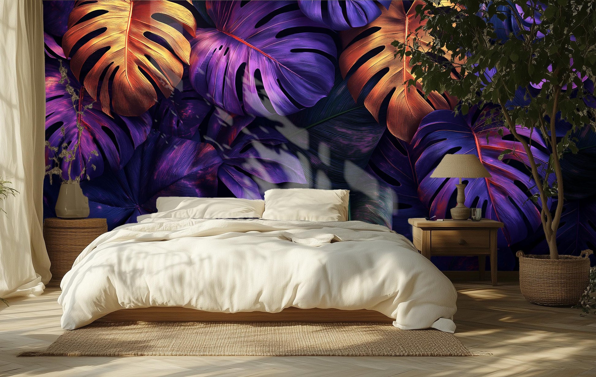 Luxury Botanical Art Purple Floral Wallpaper – scale reference, Golden Era Walls