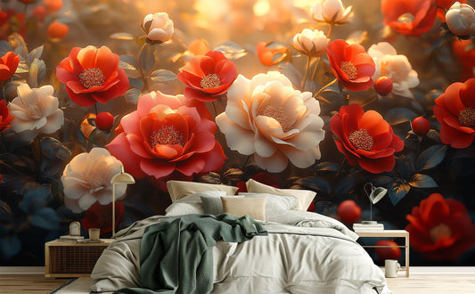 Luxury Floral Red Ivory Floral Wallpaper – peel and stick wallpaper mural, Golden Era Walls