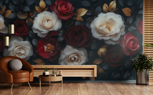 Luxury Vintage Rose Elegant Floral Wallpaper – lifestyle view, Golden Era Walls