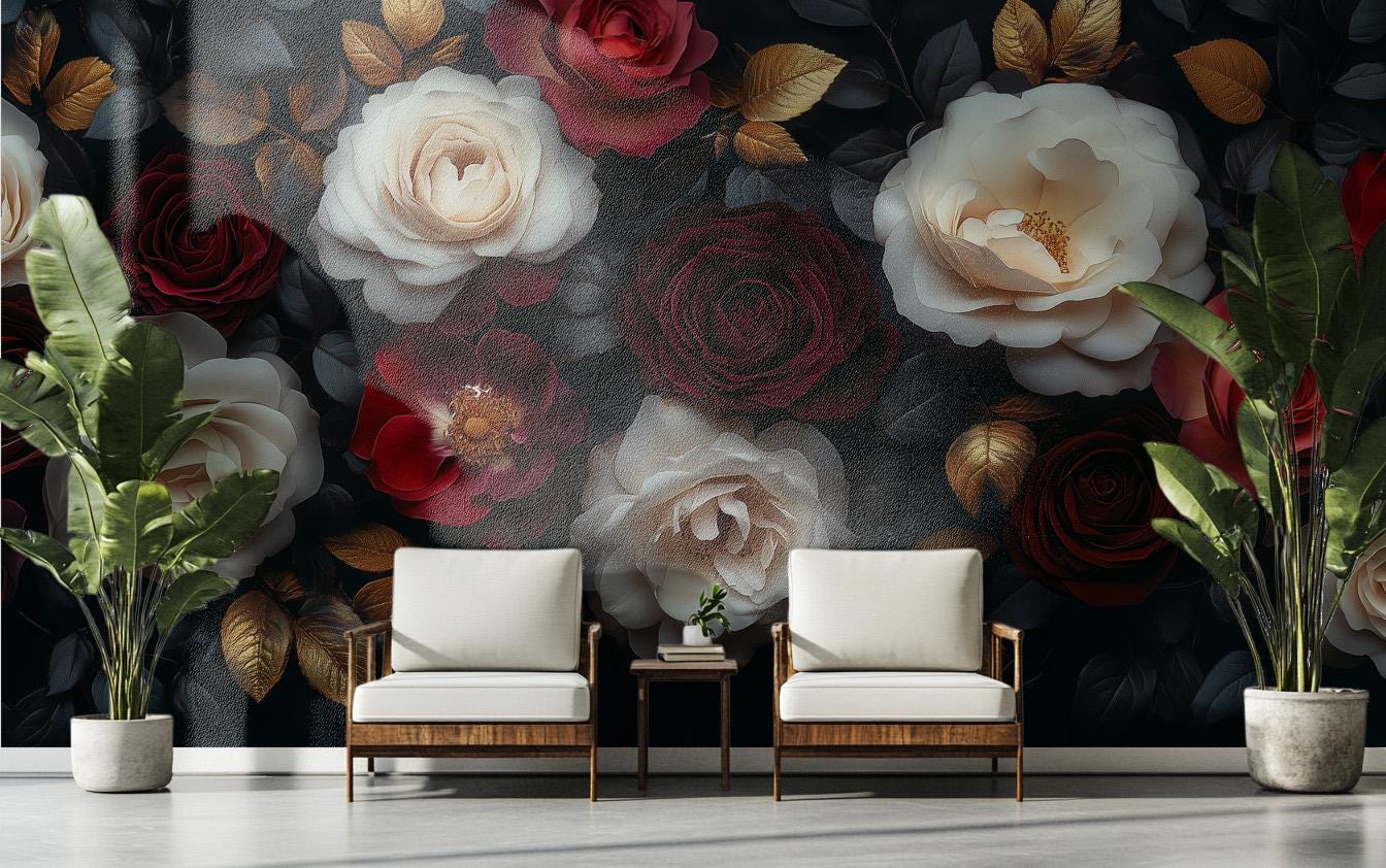 Luxury Vintage Rose Elegant Floral Wallpaper – scale reference, Golden Era Walls