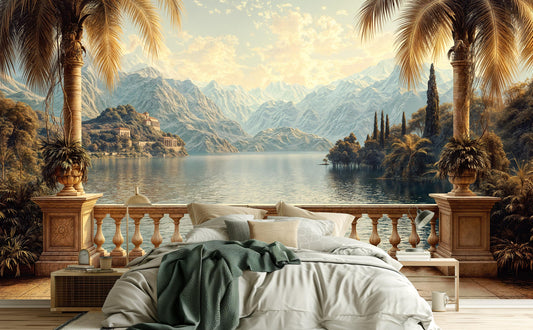 Mediterranean Balcony Elegant Lake Tropical Wallpaper – peel and stick wallpaper mural, Golden Era Walls