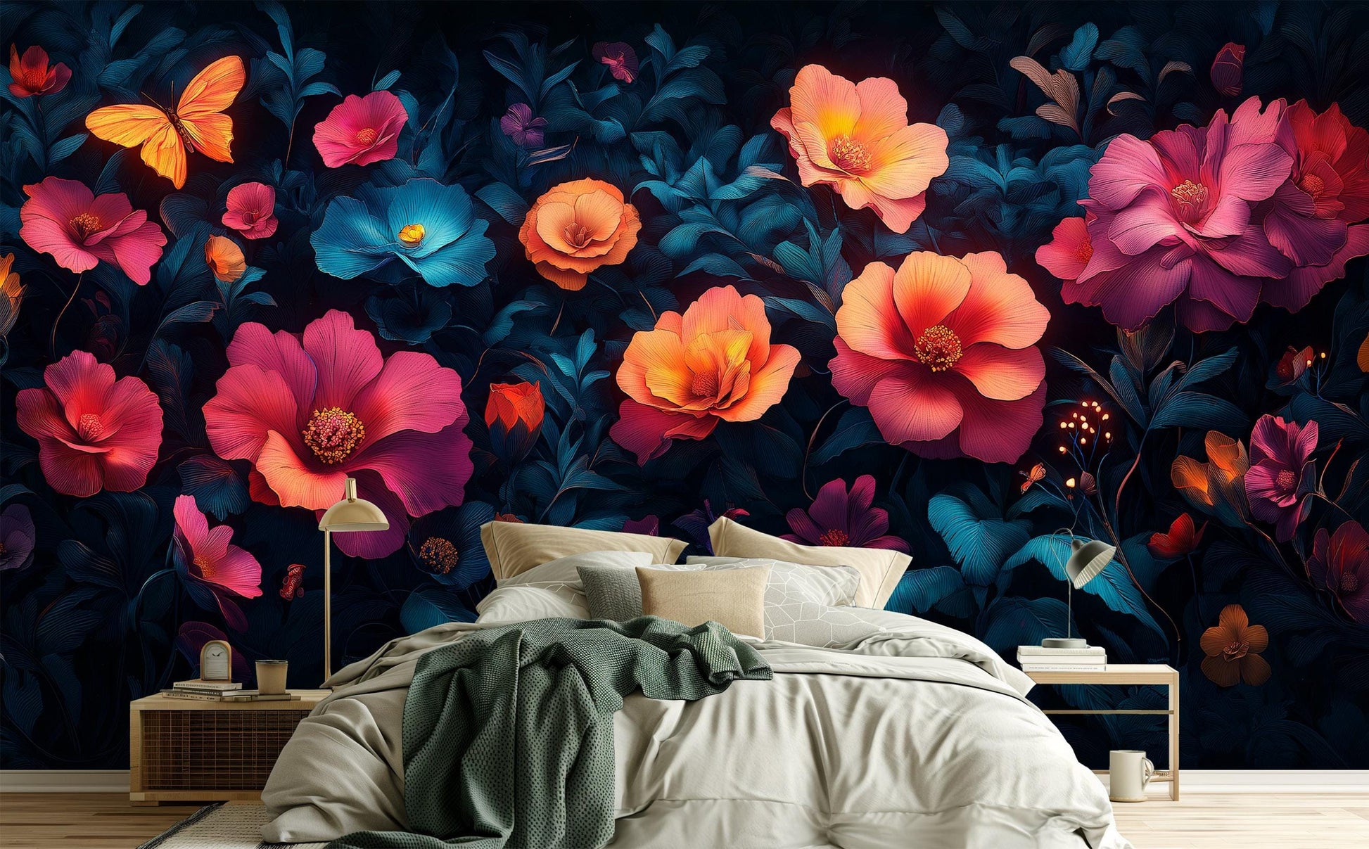 Midnight Floral Fantasy Psychedelic Floral Wallpaper – scale reference, Golden Era Walls