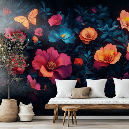 Midnight Floral Fantasy Psychedelic Floral Wallpaper – room setting, Golden Era Walls