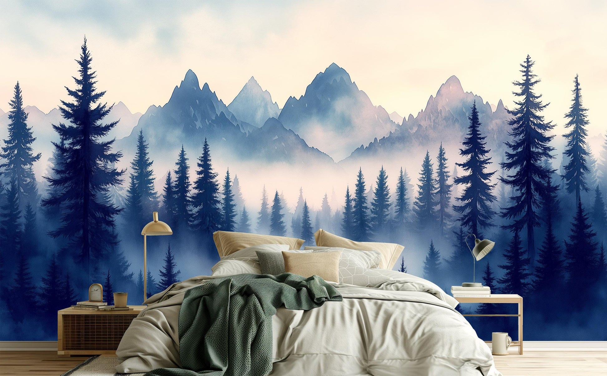 Misty Forest Renter Friendly Wallpaper – lifestyle view, Golden Era Walls