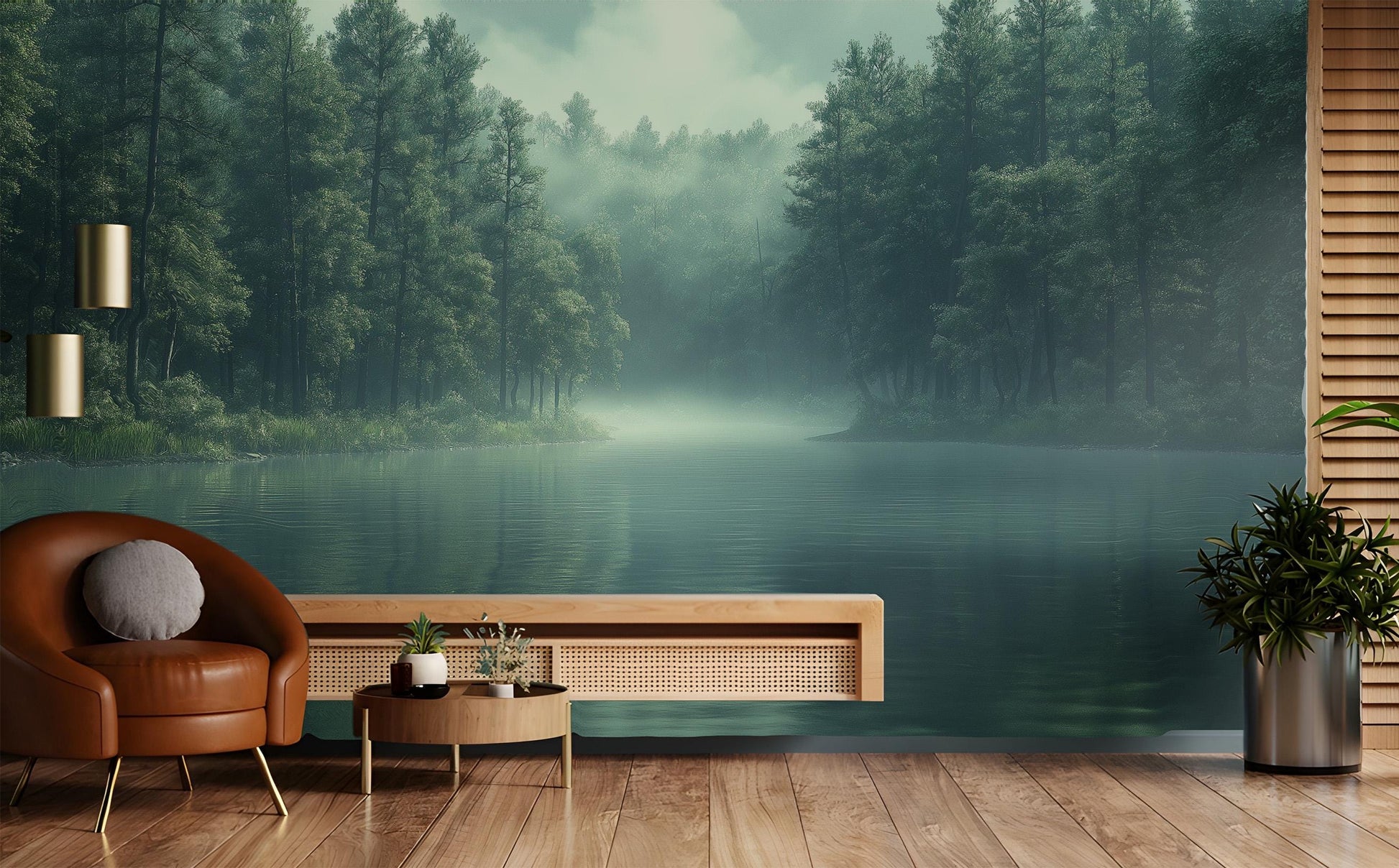 Misty Pine Forest Tranquil Wallpaper – scale reference, Golden Era Walls