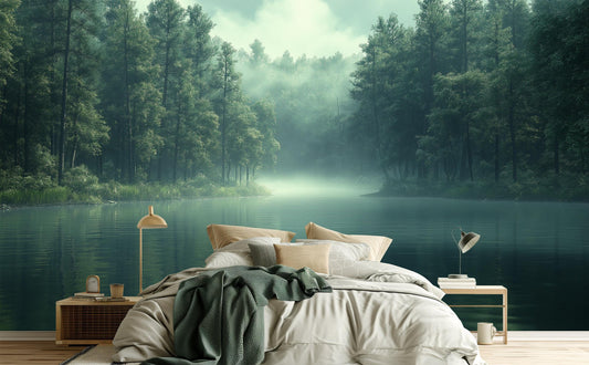 Misty Pine Forest Tranquil Wallpaper – peel and stick wallpaper mural, Golden Era Walls