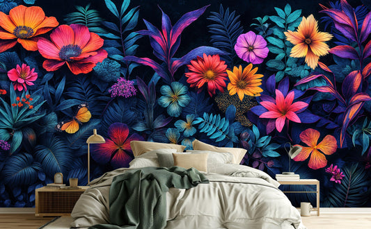 Moody Botanical Neon Glow Floral Wallpaper – peel and stick wallpaper mural, Golden Era Walls