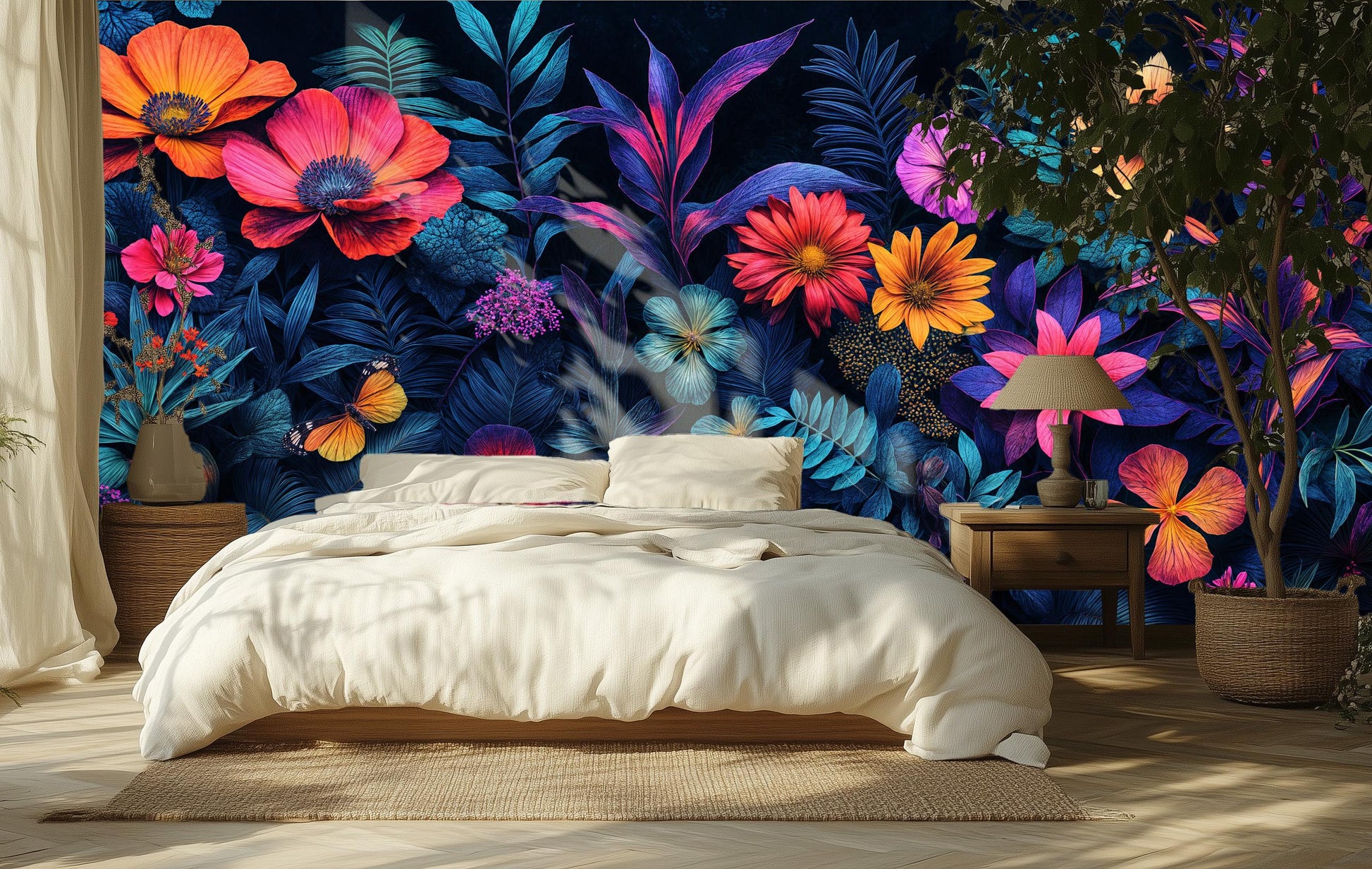 Moody Botanical Neon Glow Floral Wallpaper – scale reference, Golden Era Walls