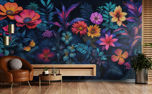 Moody Botanical Neon Glow Floral Wallpaper – lifestyle view, Golden Era Walls
