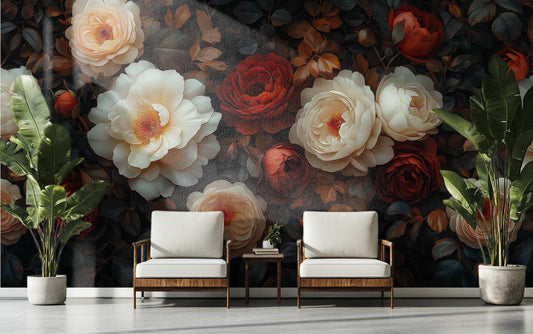 Moody Botanical Elegant Cream Floral Wallpaper – detail view, Golden Era Walls