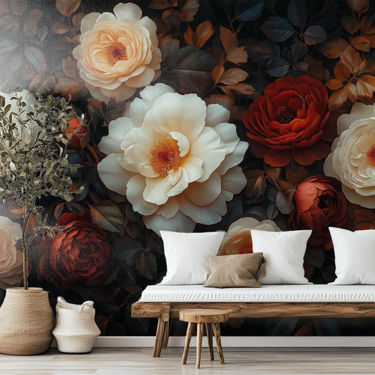 Moody Botanical Elegant Cream Floral Wallpaper – room setting, Golden Era Walls