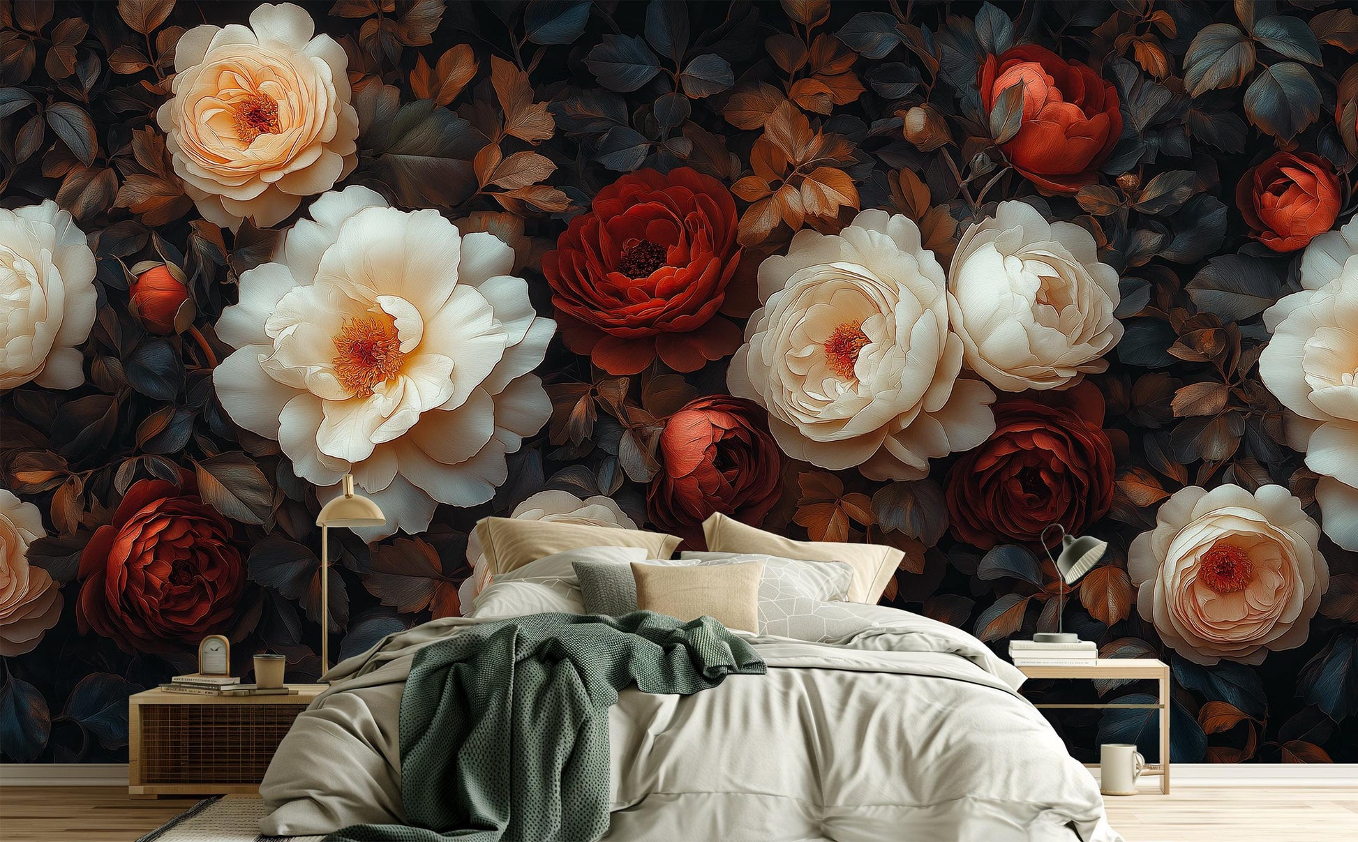 Moody Botanical Elegant Cream Floral Wallpaper – lifestyle view, Golden Era Walls