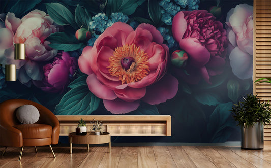 Moody Dark Floral Hyper Floral Wallpaper – lifestyle view, Golden Era Walls