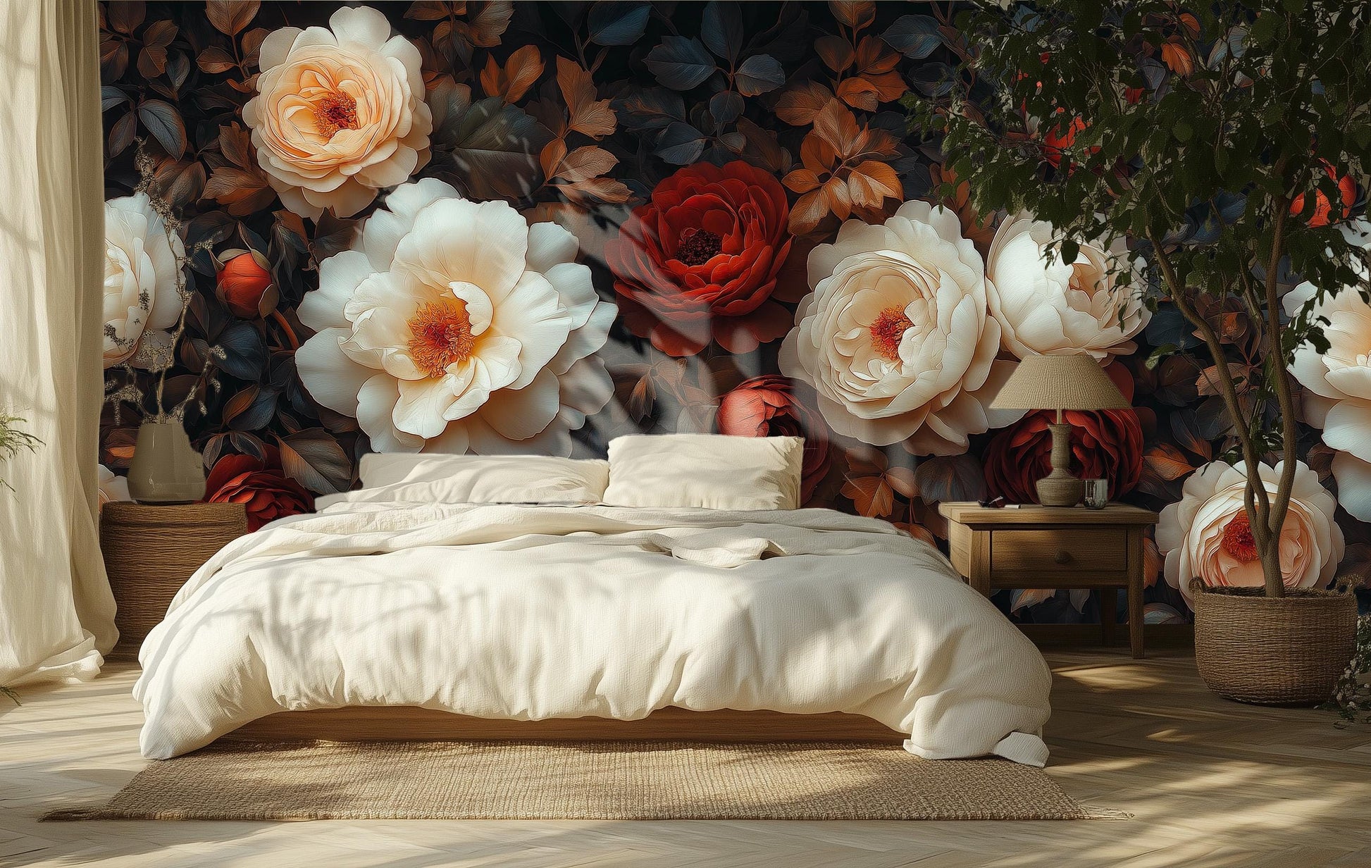 Moody Botanical Elegant Cream Floral Wallpaper – peel and stick wallpaper mural, Golden Era Walls