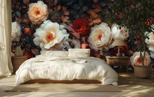 Moody Botanical Elegant Cream Floral Wallpaper – peel and stick wallpaper mural, Golden Era Walls