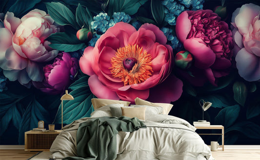 Moody Dark Floral Hyper Floral Wallpaper – room setting, Golden Era Walls