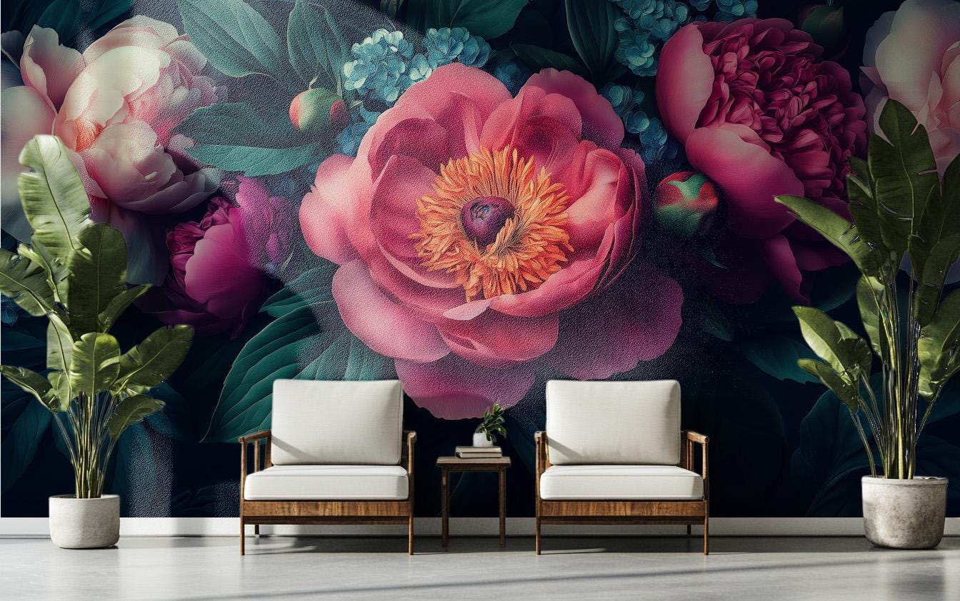 Moody Dark Floral Hyper Floral Wallpaper – peel and stick wallpaper mural, Golden Era Walls