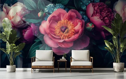 Moody Dark Floral Hyper Floral Wallpaper – peel and stick wallpaper mural, Golden Era Walls