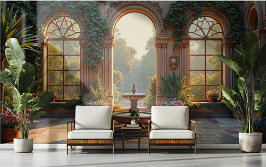 Mediterranean Courtyard Renter Friendly Floral Wallpape – peel and stick wallpaper mural, Golden Era Walls
