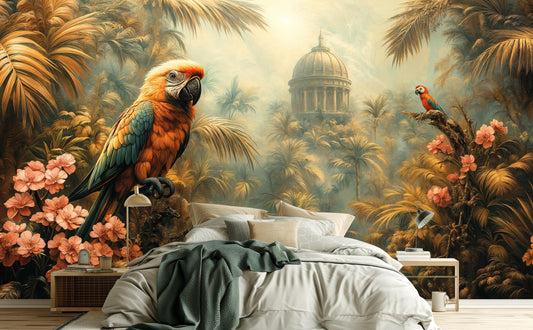 Vintage Tropical Parrot Exotic Floral Wallpaper – peel and stick wallpaper mural, Golden Era Walls