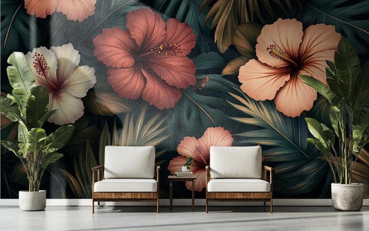 Vintage Tropical Hibiscus or Floral Wallpaper – lifestyle view, Golden Era Walls