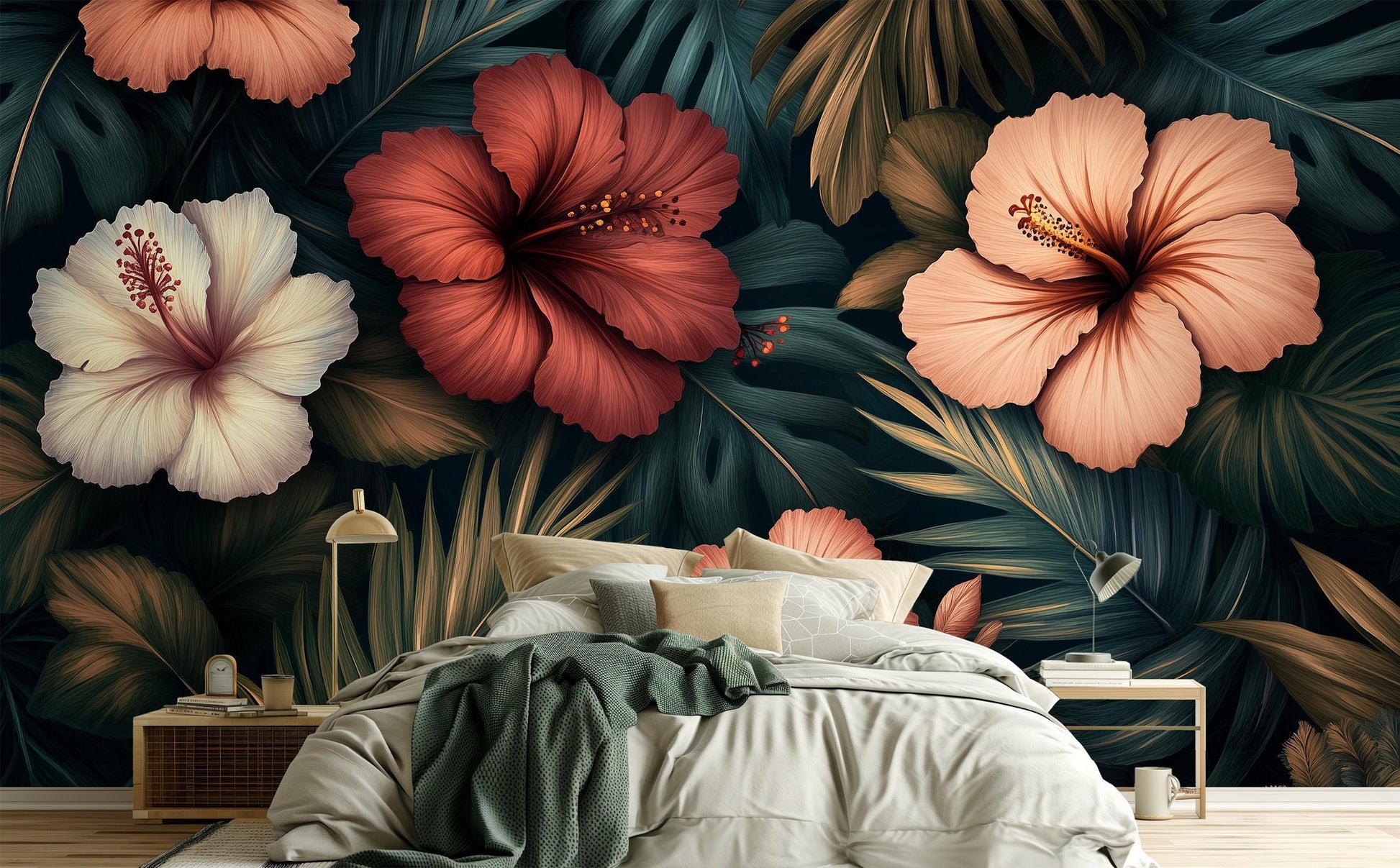 Vintage Tropical Hibiscus or Floral Wallpaper – detail view, Golden Era Walls