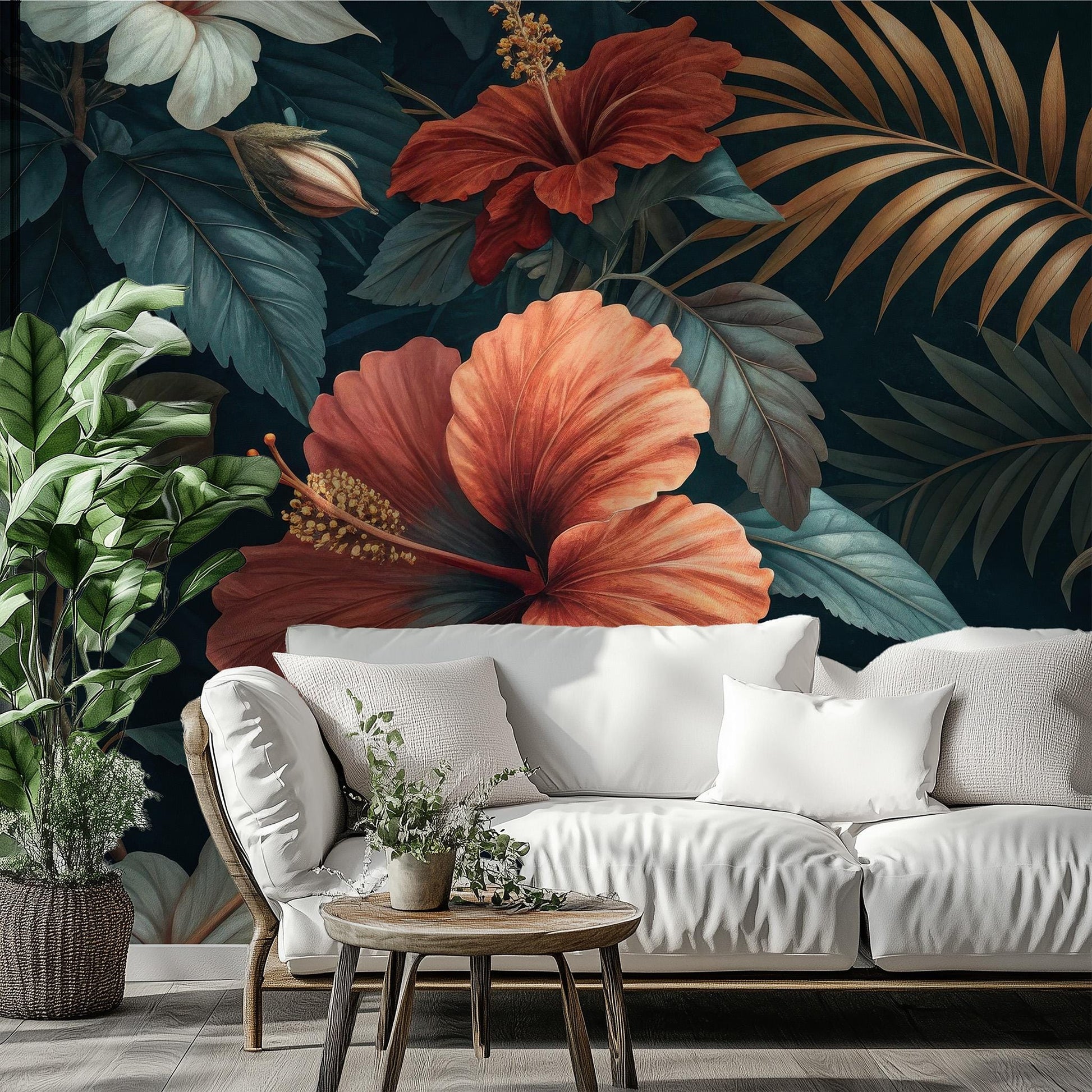 Tropical Botanical Elegant Floral Wallpaper – scale reference, Golden Era Walls