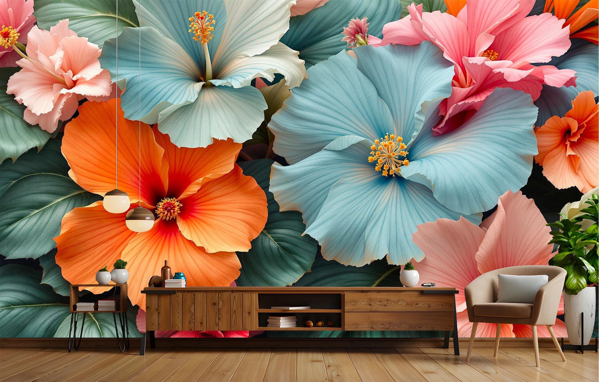 Hibiscus Flower Floral Art Floral Wallpaper – room setting, Golden Era Walls