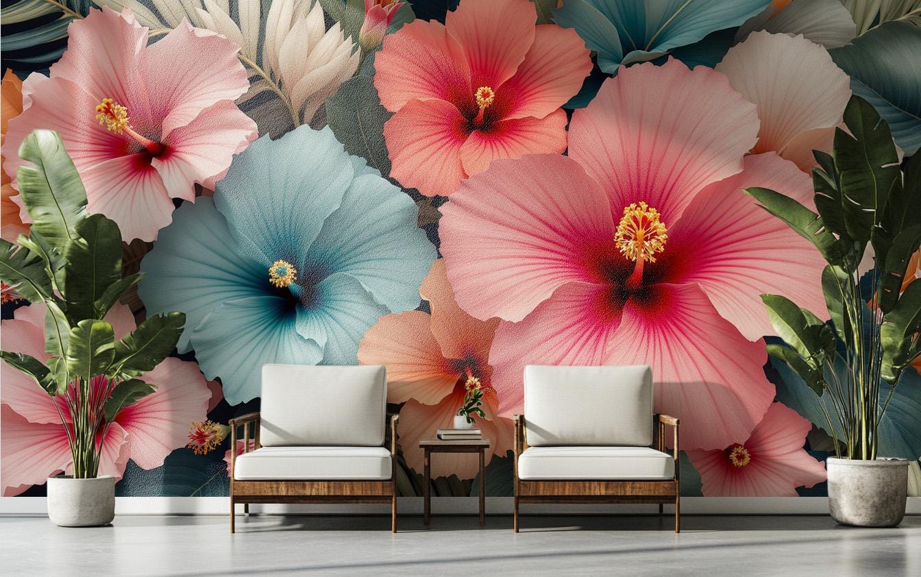 Elegant Botanical Hibiscus Flower Floral Wallpaper – scale reference, Golden Era Walls