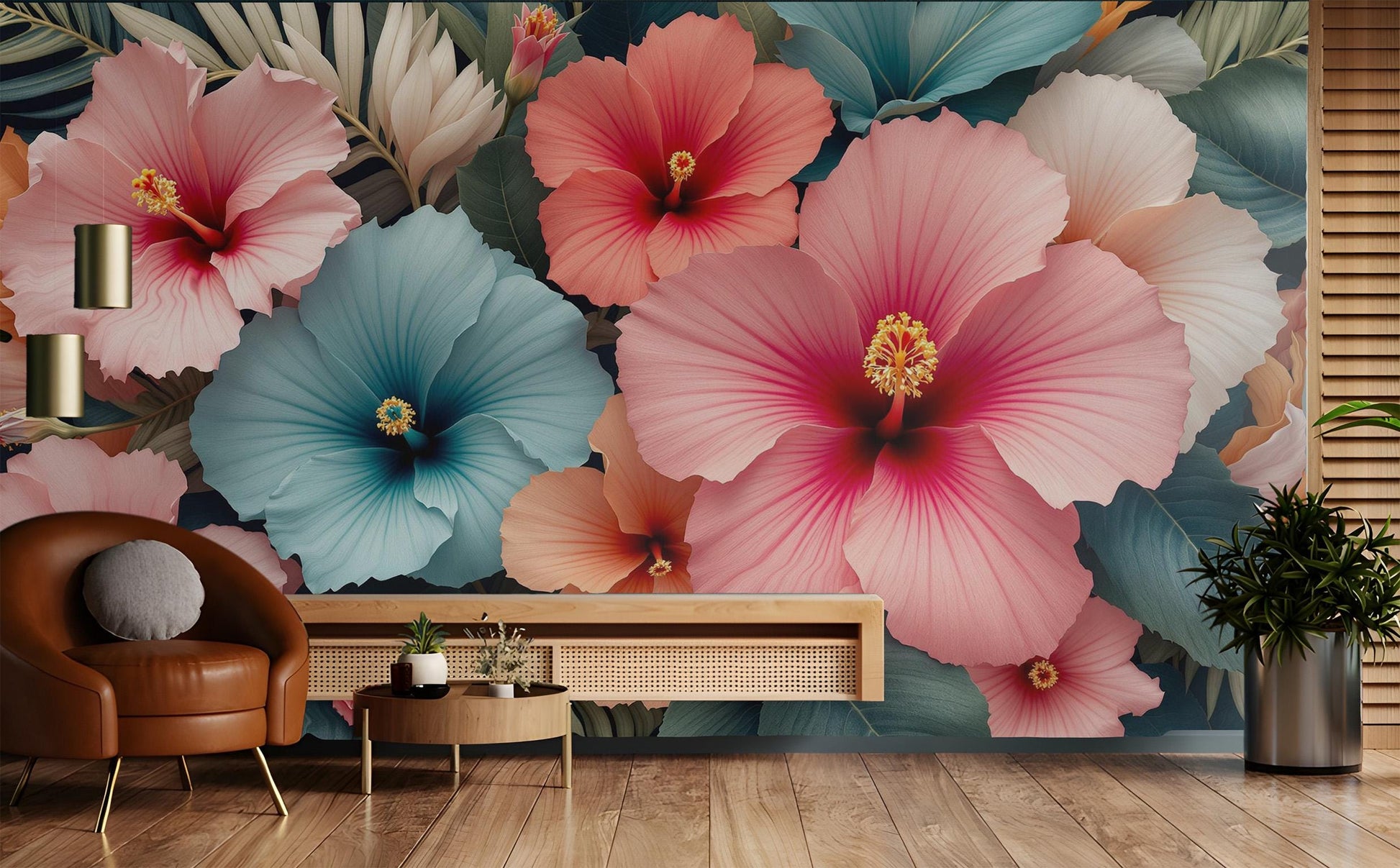 Elegant Botanical Hibiscus Flower Floral Wallpaper – room setting, Golden Era Walls