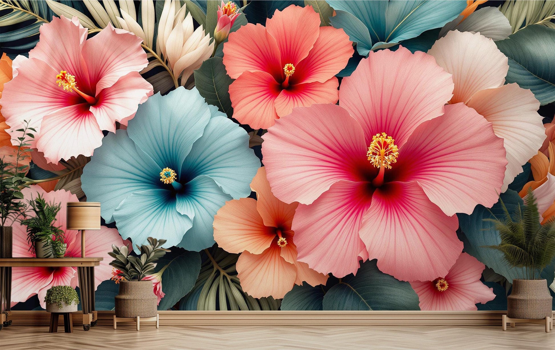 Elegant Botanical Hibiscus Flower Floral Wallpaper – detail view, Golden Era Walls