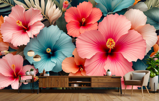 Elegant Botanical Hibiscus Flower Floral Wallpaper – lifestyle view, Golden Era Walls