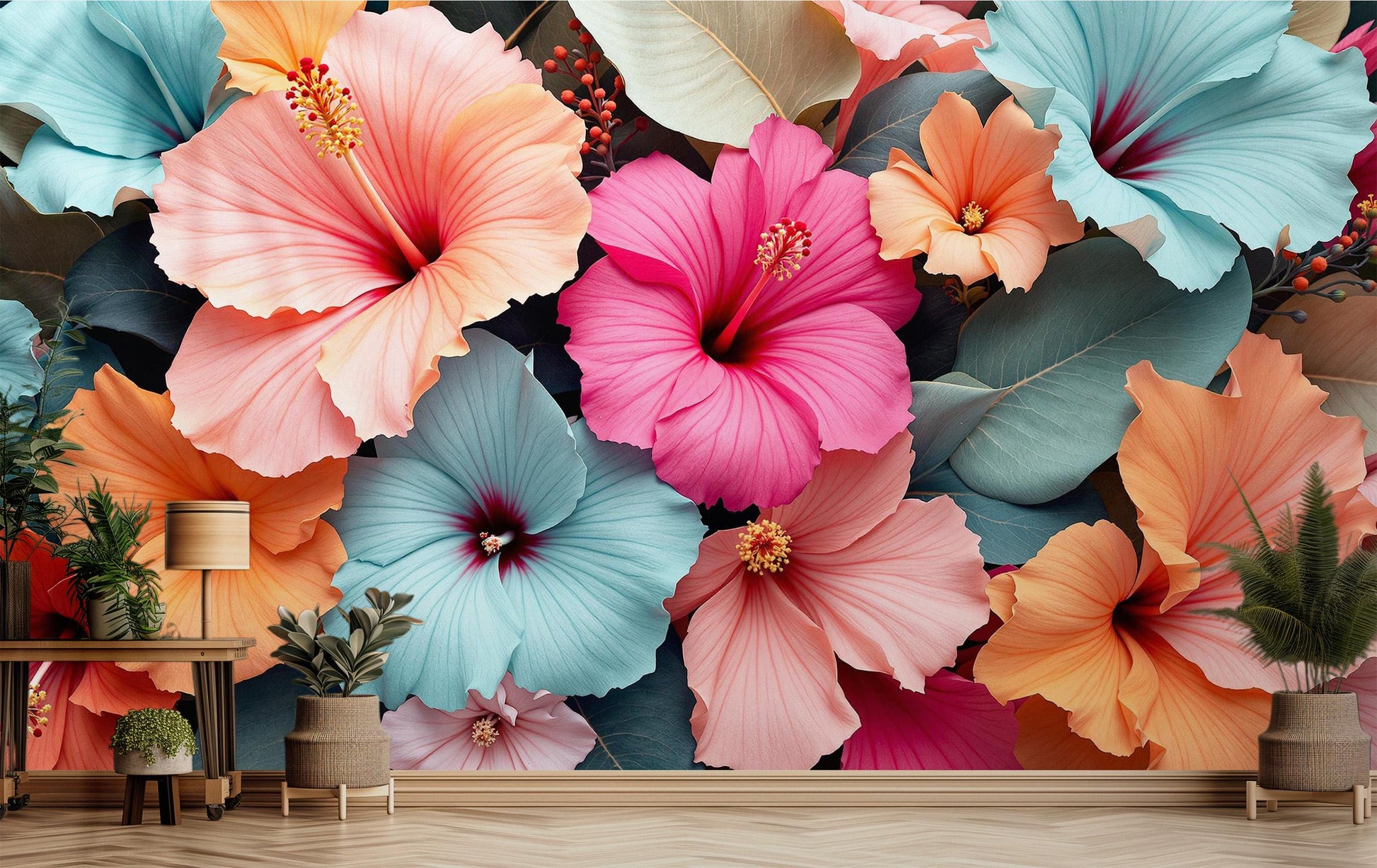 Pastel Floral Tropical Hibiscus Floral Wallpaper – peel and stick wallpaper mural, Golden Era Walls