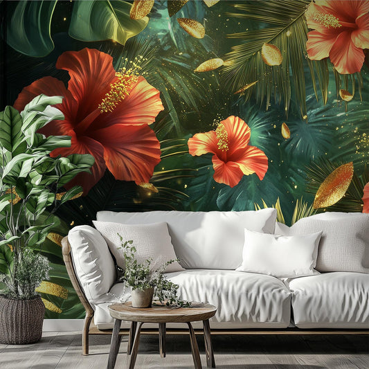 Tropical Hibiscus Bold Floral Wallpaper – peel and stick wallpaper mural, Golden Era Walls