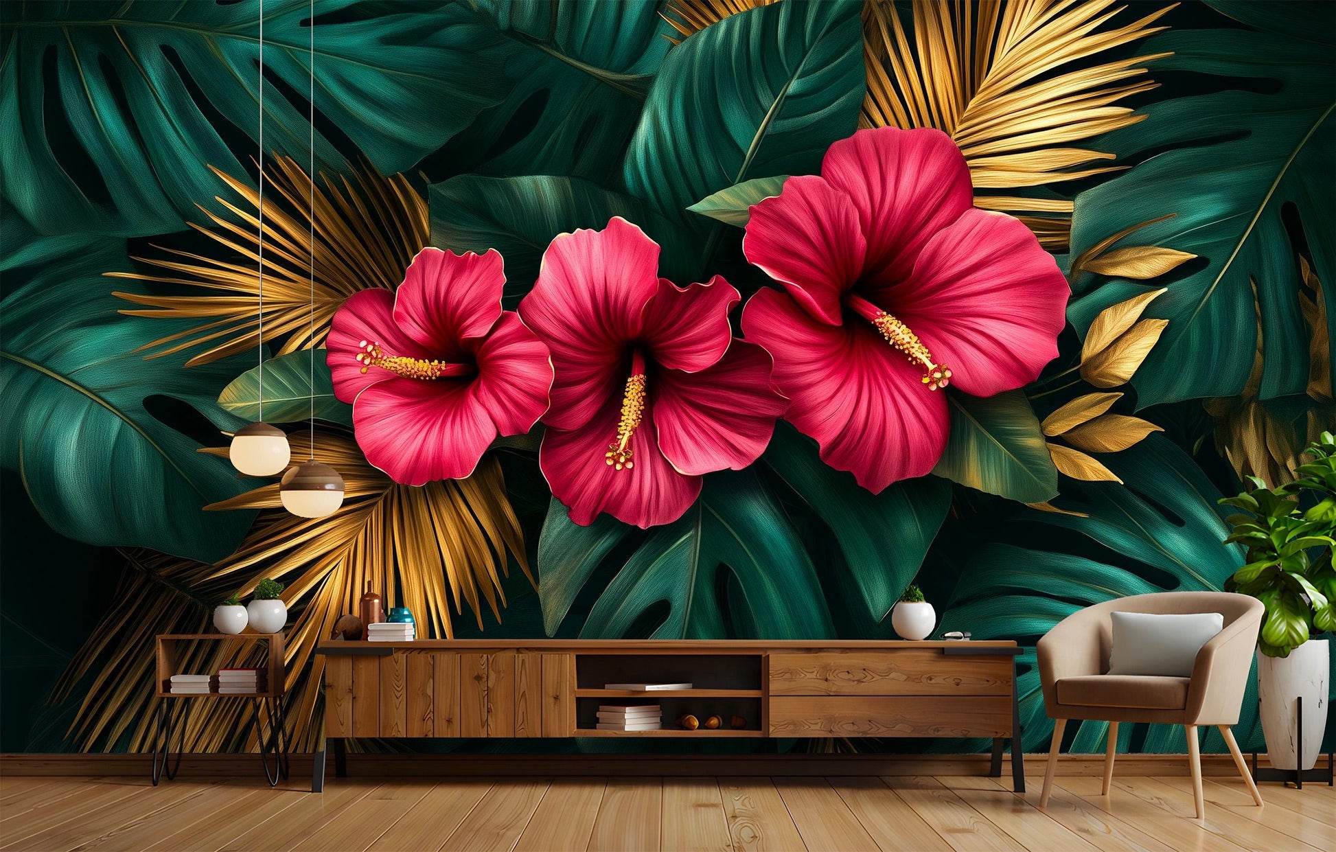 Luxury Tropical or Hibiscus Floral Wallpaper – detail view, Golden Era Walls