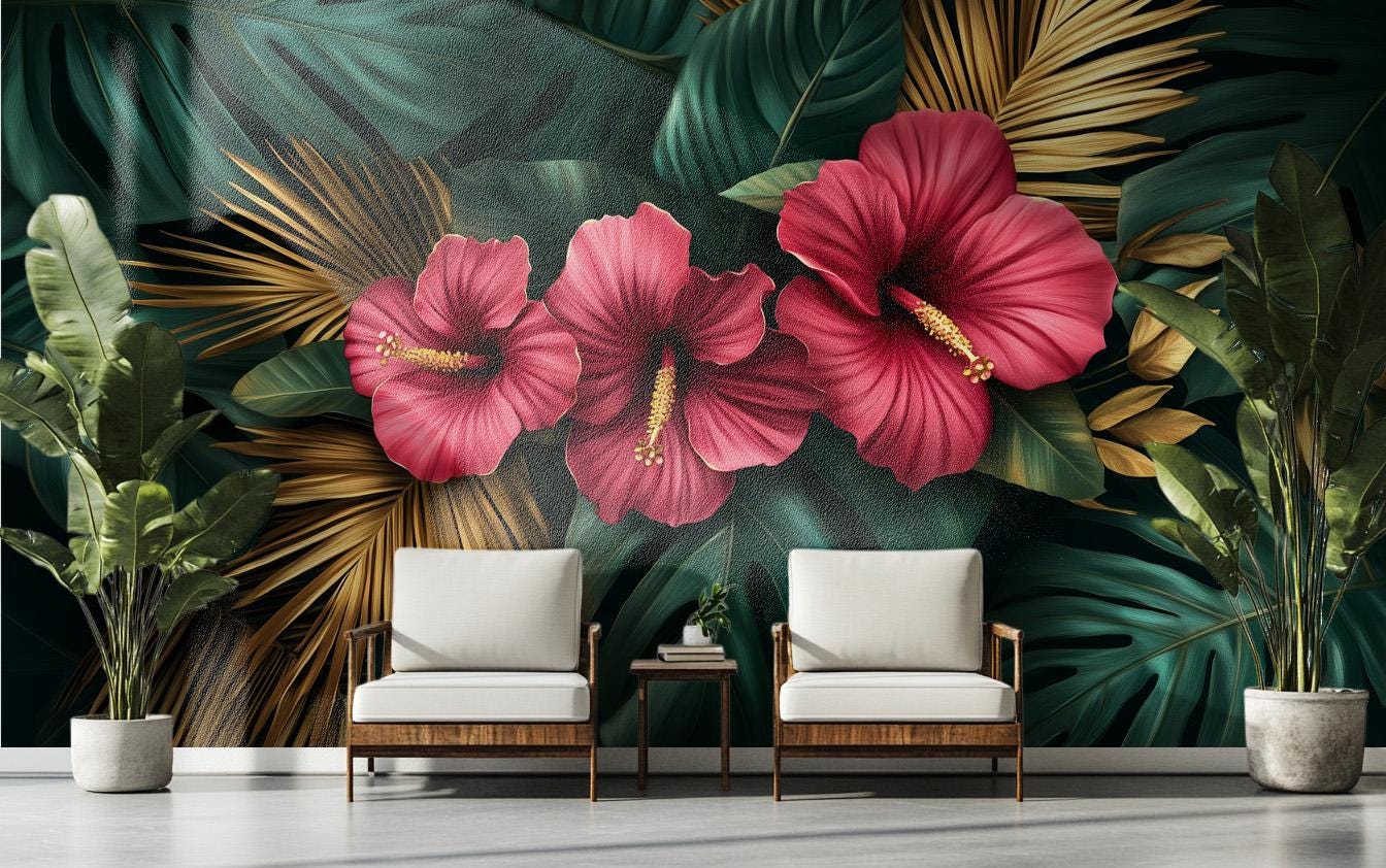 Luxury Tropical or Hibiscus Floral Wallpaper – scale reference, Golden Era Walls