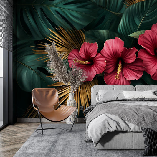 Luxury Tropical or Hibiscus Floral Wallpaper – lifestyle view, Golden Era Walls