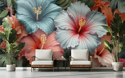 Tropical Hibiscus Colorful Floral Floral Wallpaper – room setting, Golden Era Walls