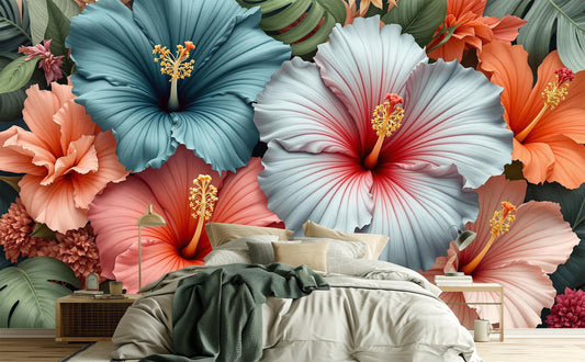 Tropical Hibiscus Colorful Floral Floral Wallpaper – peel and stick wallpaper mural, Golden Era Walls