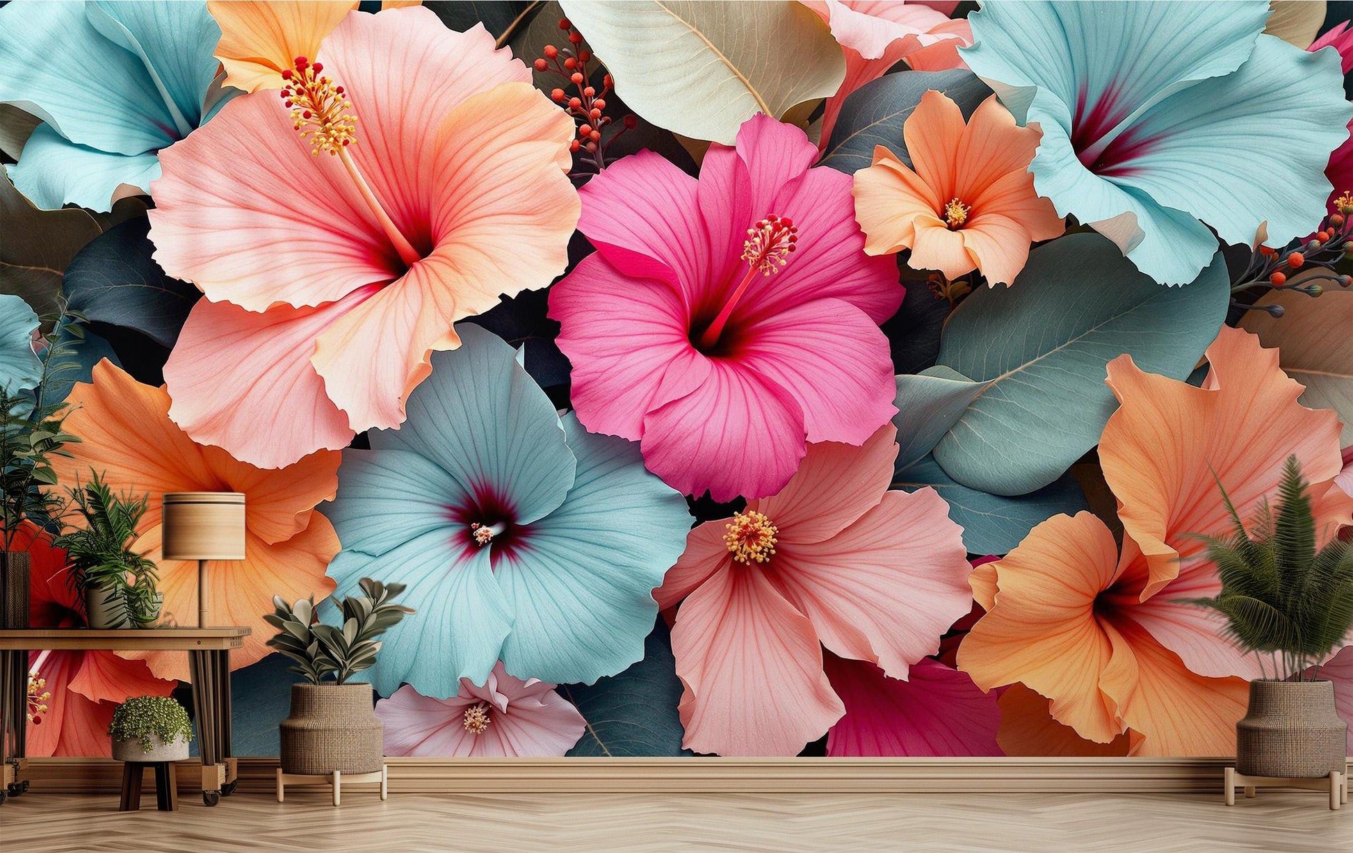 Pastel Floral Tropical Hibiscus Floral Wallpaper – peel and stick wallpaper mural, Golden Era Walls