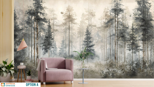 Watercolor Forest Hand Paint Wallpaper – peel and stick wallpaper mural, Golden Era Walls