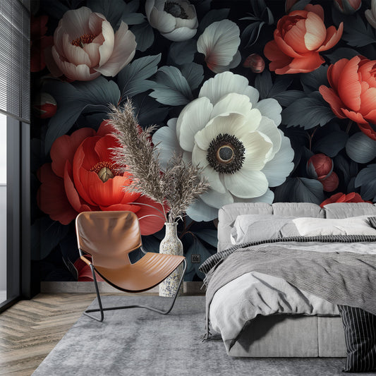 Dark Botanical Flowers Moody Floral Wallpaper – peel and stick wallpaper mural, Golden Era Walls