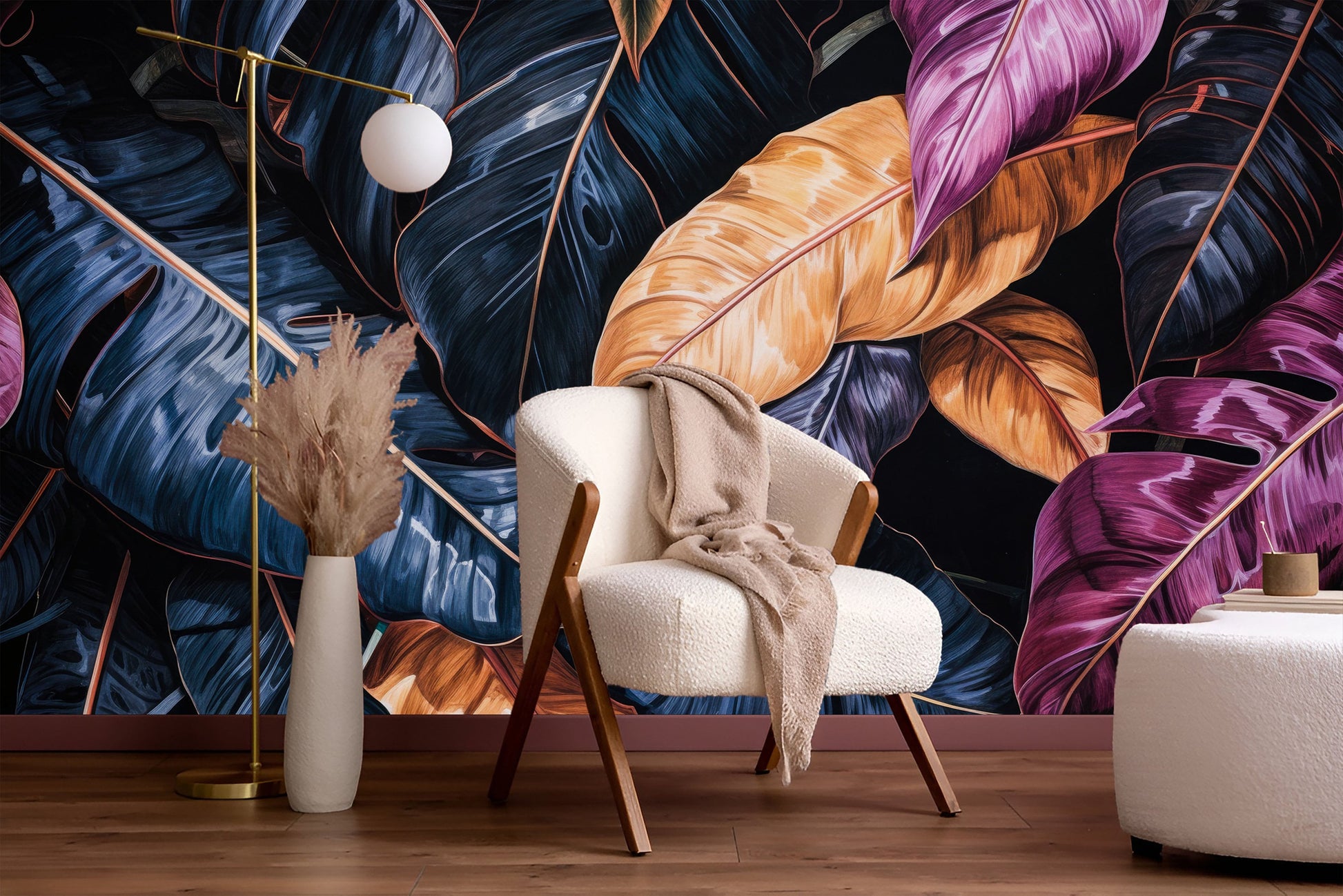 Dark Tropical Colorful Palm Floral Wallpaper – peel and stick wallpaper mural, Golden Era Walls